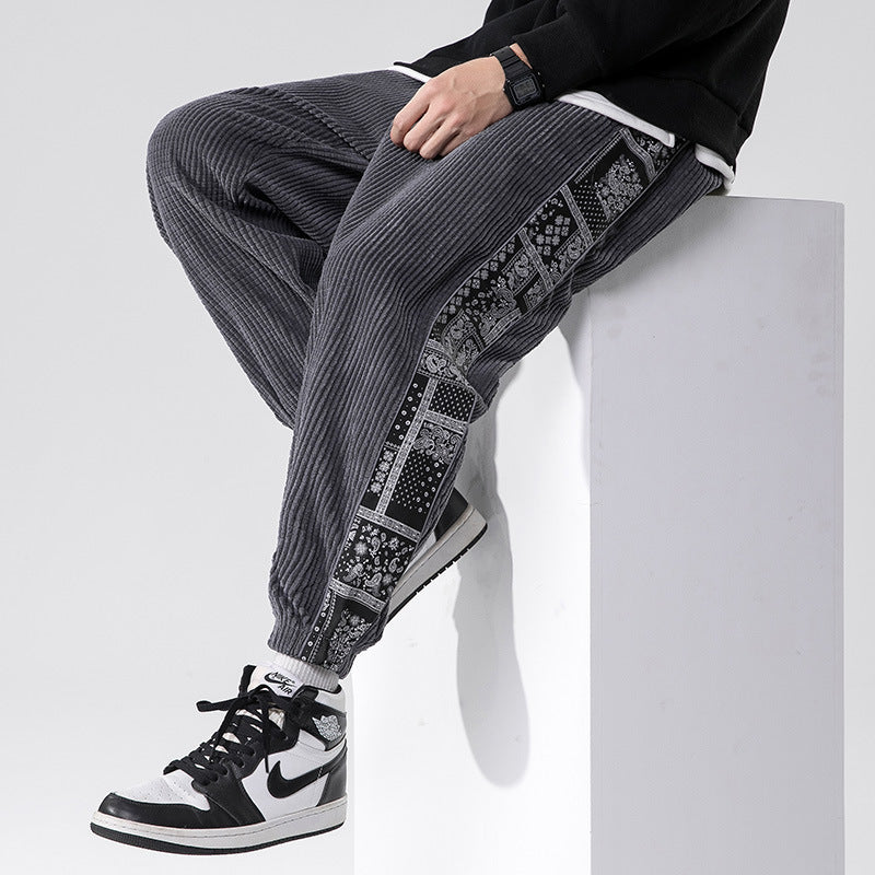 Men's cord joggers with bandana side insert, elastic waistband, tapered ankles and ribbed textured fabric Mune Fashion