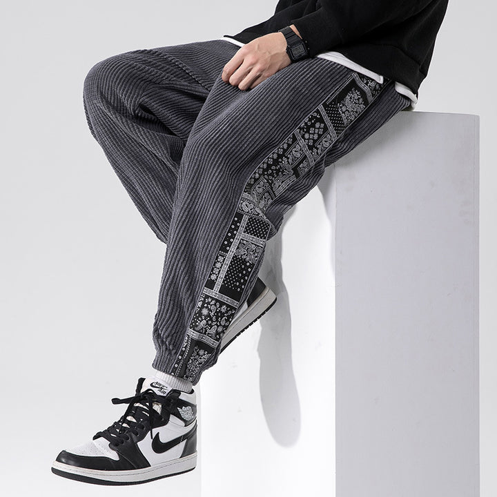 Men's cord joggers with bandana side insert, elastic waistband, tapered ankles and ribbed textured fabric Mune Fashion