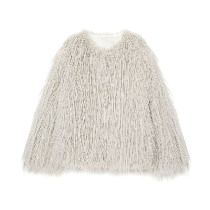 Women's Faux Fur Coat with Long Shaggy Fur and Round Neckline Mune Fashion