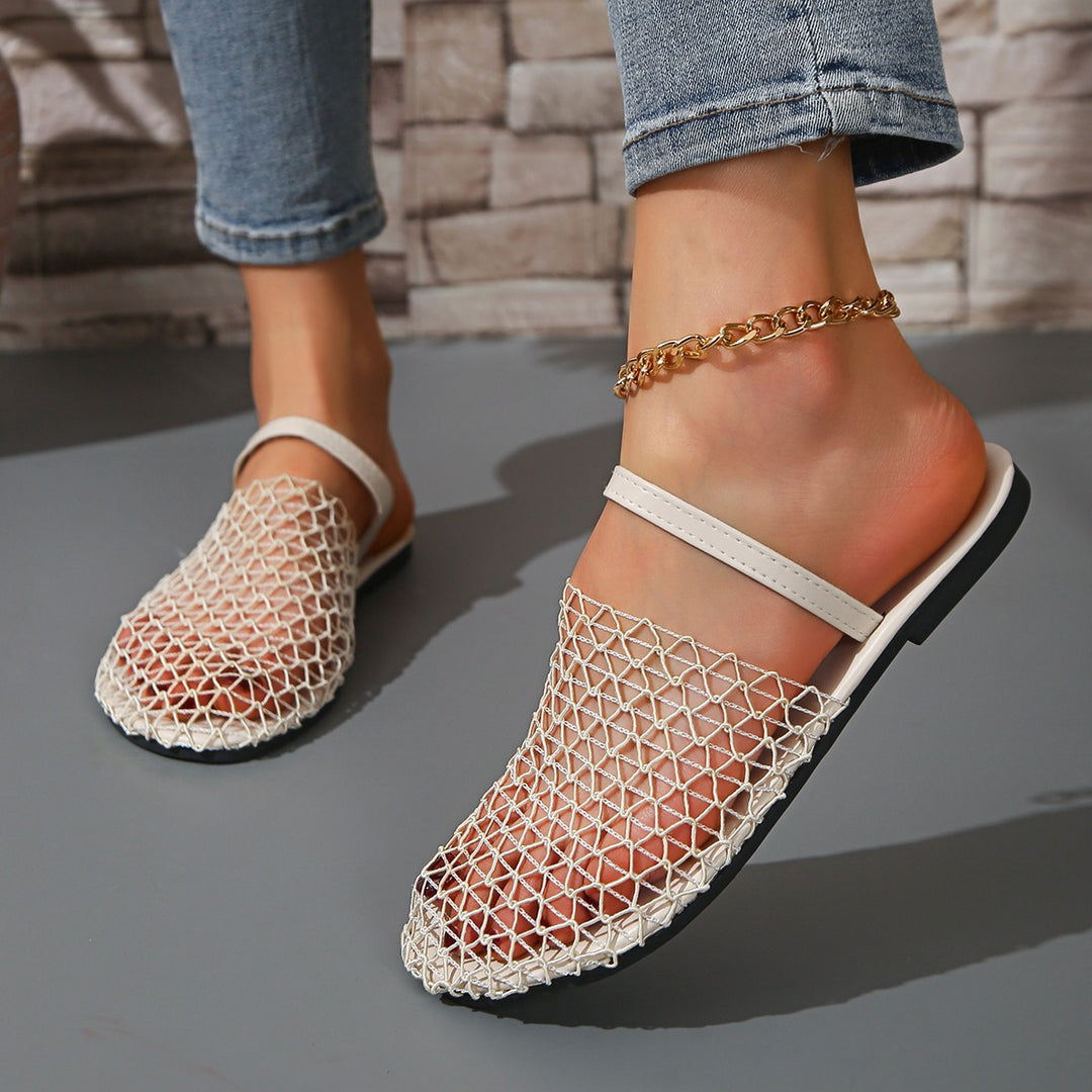 Women woven net mules with slip-on function, open heel and flexible lightweight sole design Mune Fashion