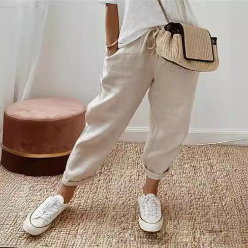 Women nan lighter linen joggers with drawstring, side pockets and rolled hem Mune Fashion