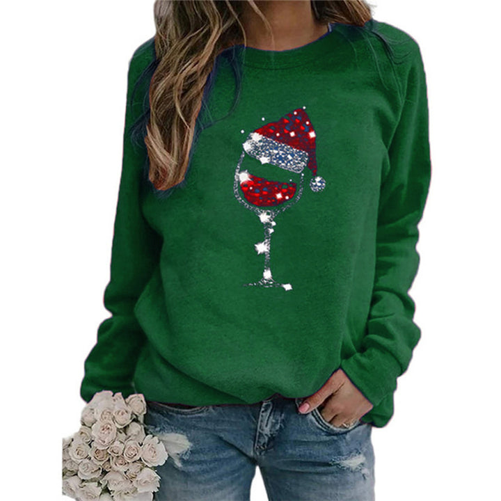 Women's Christmas Sweatshirt with Sequin Wine Glass and Round Neckline Mune Fashion