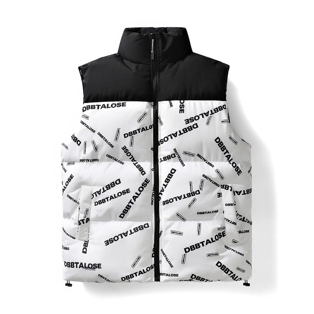 Men's Padded Quilted Vest with High Collar Allover Logo Print & Drawstring Hem Mune Fashion