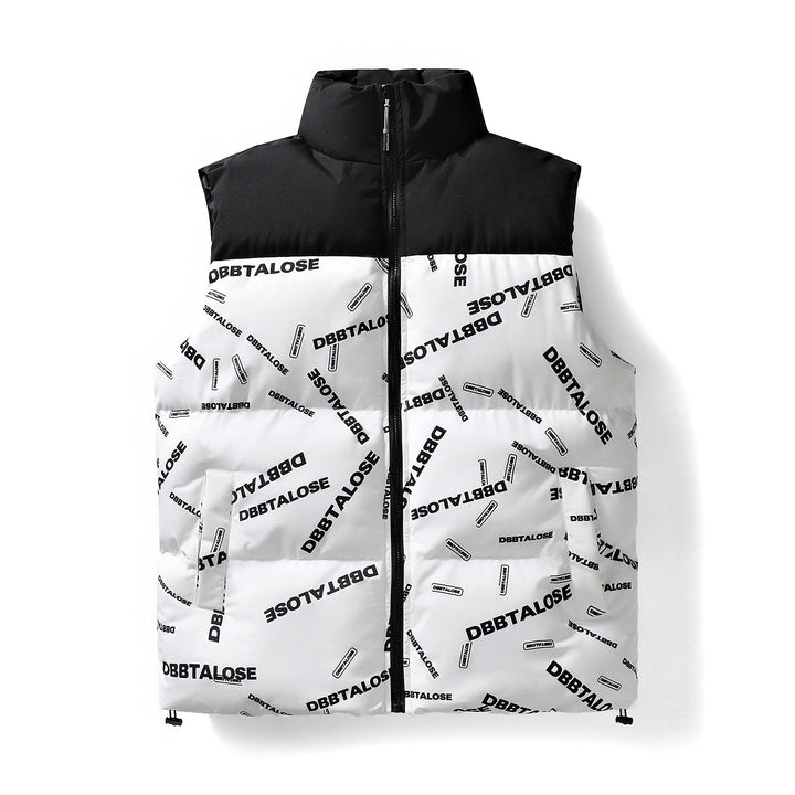 Men's Padded Quilted Vest with High Collar Allover Logo Print & Drawstring Hem Mune Fashion