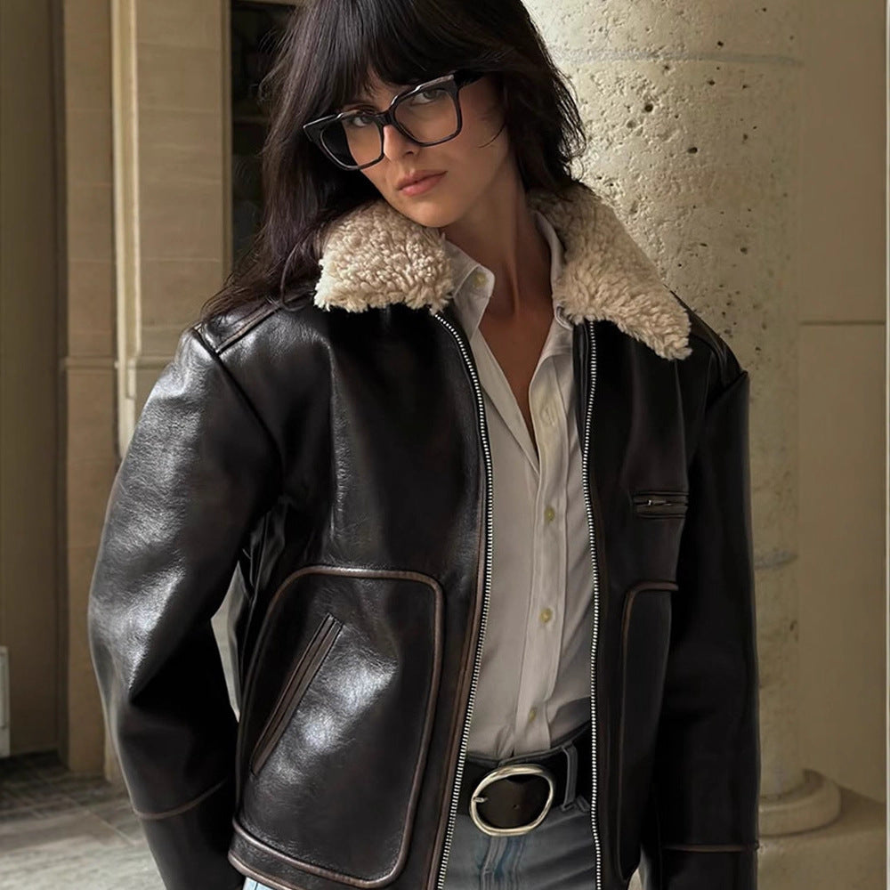 Women Short Cut Leather Imitation Bomber Jacket with Voluminous Teddy Shawl Collar and Distinctive Decorative Seams Mune Fashion