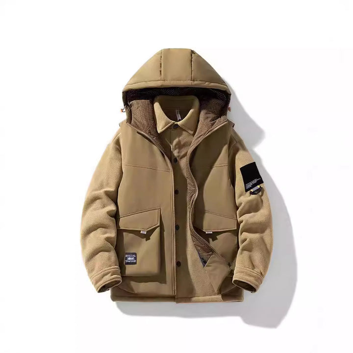 Men's Warm Outdoor Hooded Jacket with Fleece Inner Layer and Multifunction Pockets Mune Fashion