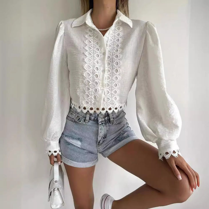 Women's Embroidered Linen Blouse with Lace, Balloon Sleeves and Shirt Collar Mune Fashion