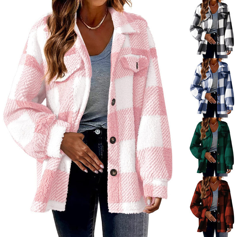 Women's cozy Sherpa check transitional jacket with chest pockets and generous oversized cut Mune Fashion