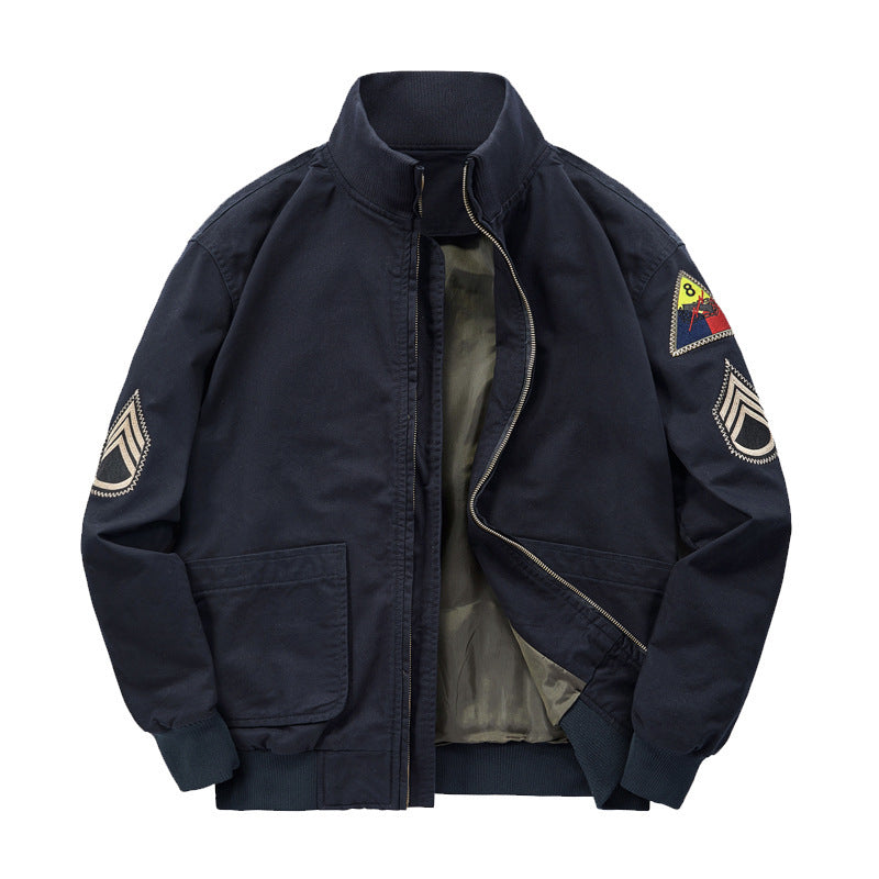 Men's Cotton Canvas Bomber Jacket with Embroidered Patches and Stand-Up Collar Mune Fashion
