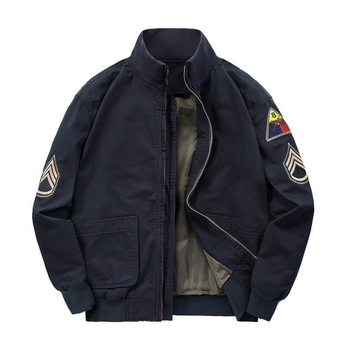 Men's Cotton Canvas Bomber Jacket with Embroidered Patches and Stand-Up Collar Mune Fashion