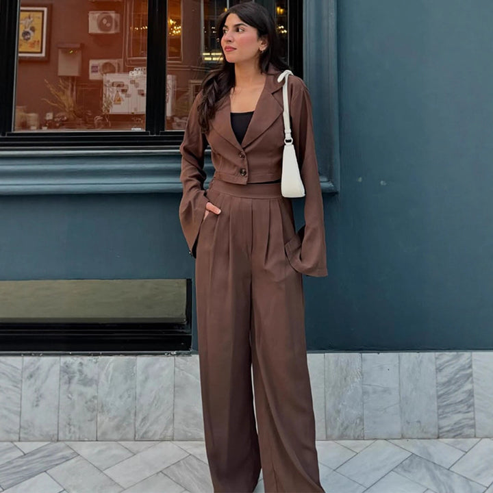 Women Two-Piece Tailoring Set Short Blazer with Bell Sleeves and High-Waist Palazzo Pants Mune Fashion