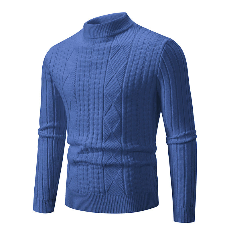 Men's Fine Mockneck Sweater with Cable and Waffle Texture Body-Hugging Fit Mune Fashion