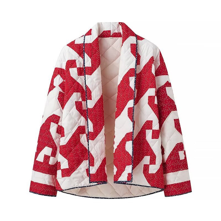 Women's quilted boxy kimono jacket with abstract all-over print and open front Mune Fashion