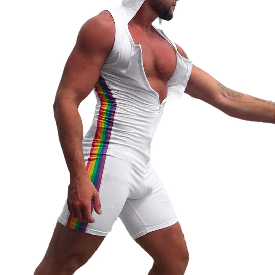 Men's sleeveless hooded short jumpsuit with full zip and ergonomic crotch solution Mune Fashion