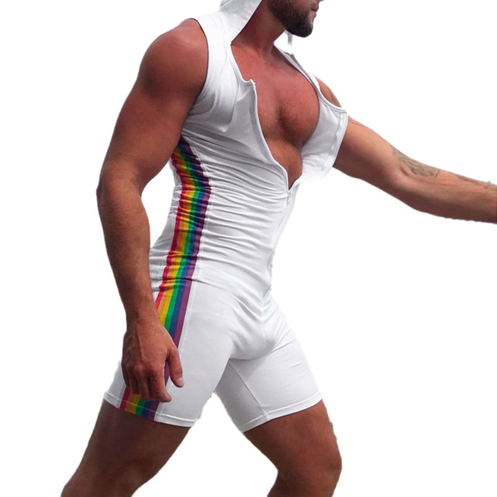 Men's sleeveless hooded short jumpsuit with full zip and ergonomic crotch solution Mune Fashion