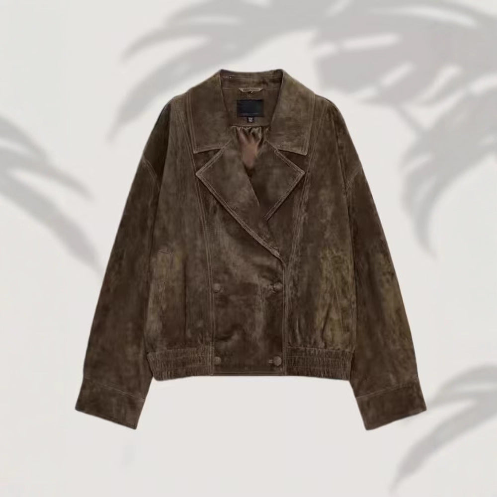 Women’s short-cut suede bomber jacket with luxurious fur collar Mune Fashion