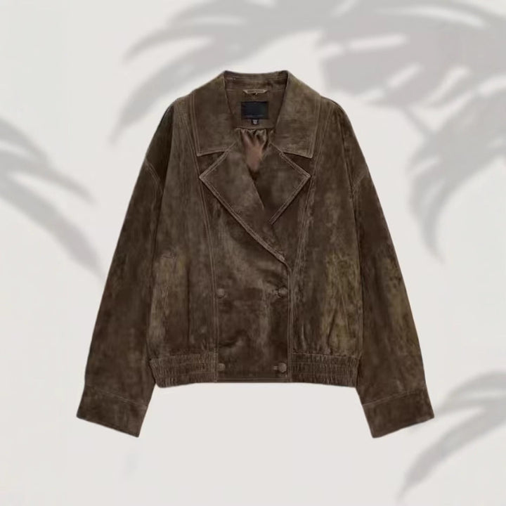 Women’s short-cut suede bomber jacket with luxurious fur collar Mune Fashion