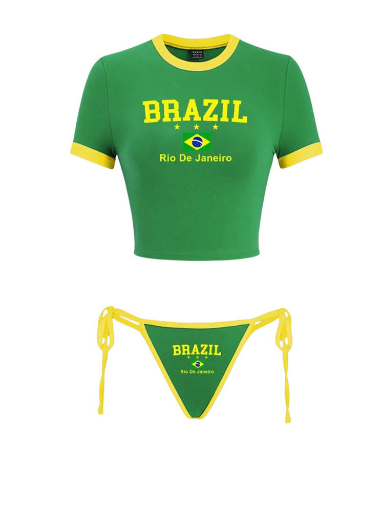 Women's set of cropped belly-free T-shirt and adjustable bikini bottom with Brazil print Mune Fashion