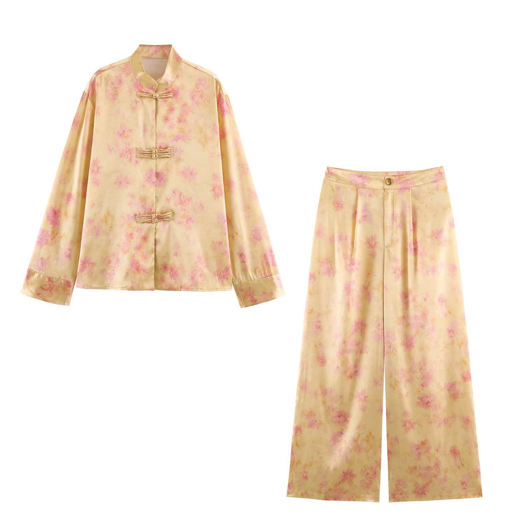 Women Wide Satin Palazzo Pants with High Waist, Pleats and Floral Jacquard Look