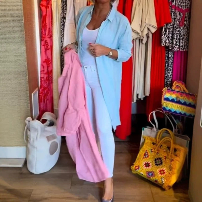 Women's open long blouse in linen mix with Kent collar, dropped shoulder and side slits Mune Fashion