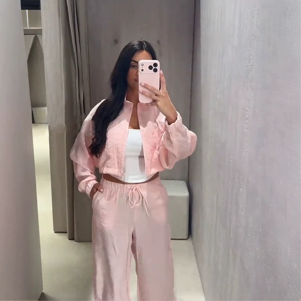 Women’s Casual Satin Tracksuit with Short Zipper Top & Wide Drawstring Pants Mune Fashion