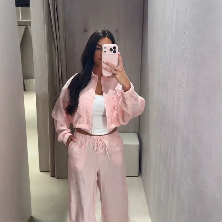 Women’s Casual Satin Tracksuit with Short Zipper Top & Wide Drawstring Pants Mune Fashion
