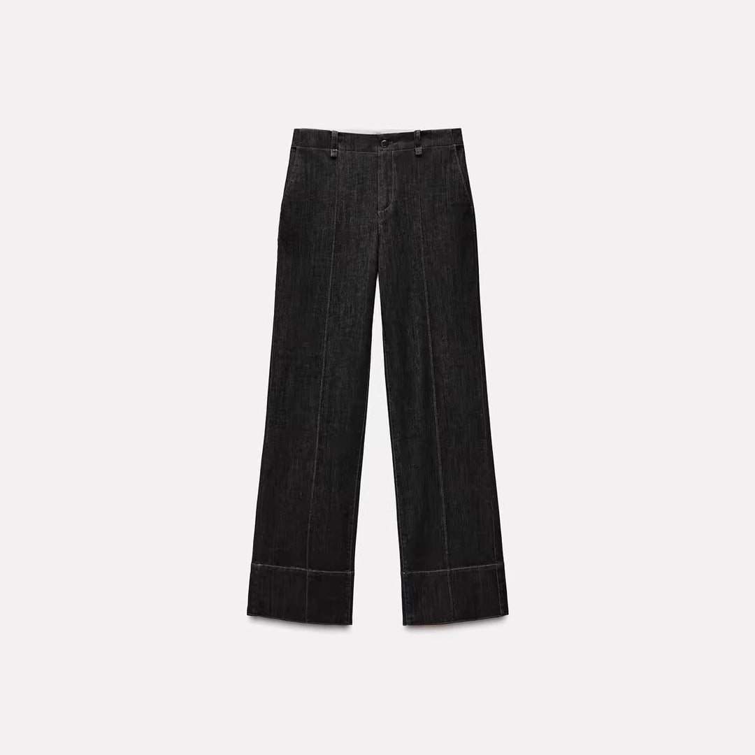 Women's high-waisted wide flare trousers in corduroy look with visible center seam and wide cuff Mune Fashion