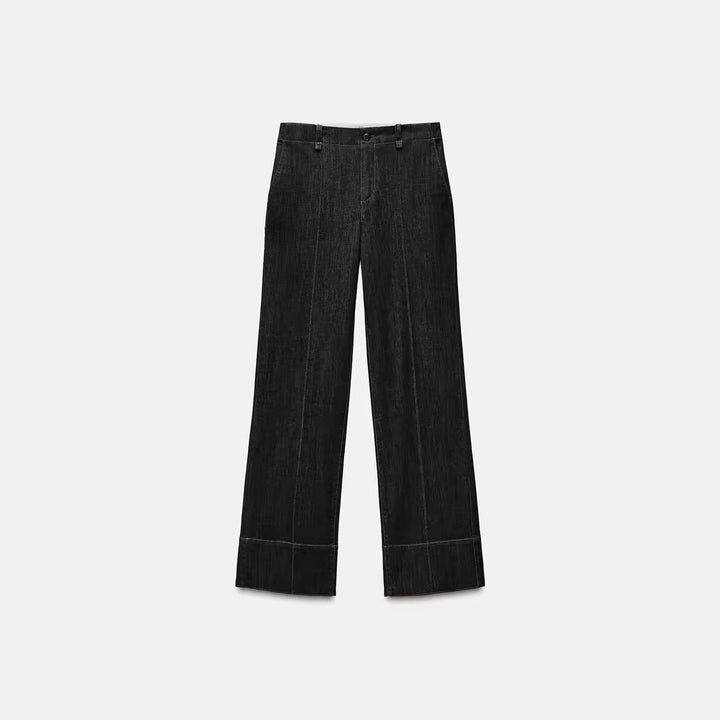 Women's high-waisted wide flare trousers in corduroy look with visible center seam and wide cuff Mune Fashion