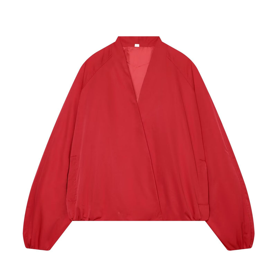 Women's Lightweight Cropped Bomber Jacket in Boxy Cut with Open Kimono Closure Mune Fashion