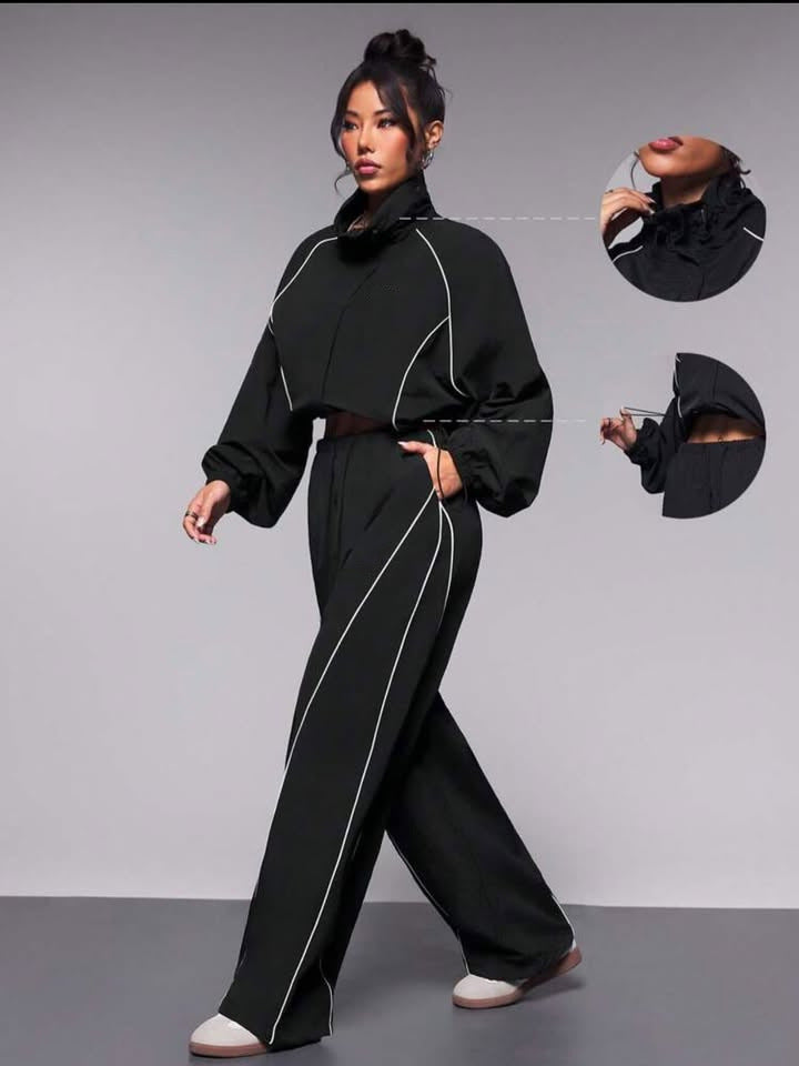 Women's Sportive Cropped Windbreaker Set with Stand-up Collar, Drawstring and Reflective Piping Mune Fashion