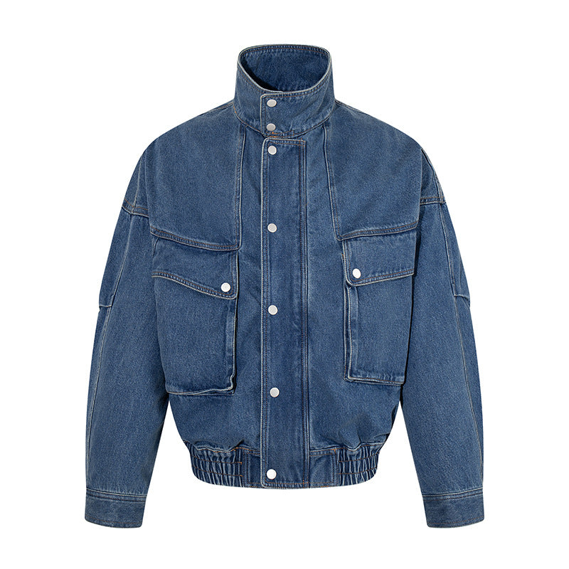 Women's Oversized Denim Jacket with Stand-up Collar, Press Stud Placket and Patch Cargo Pockets Mune Fashion