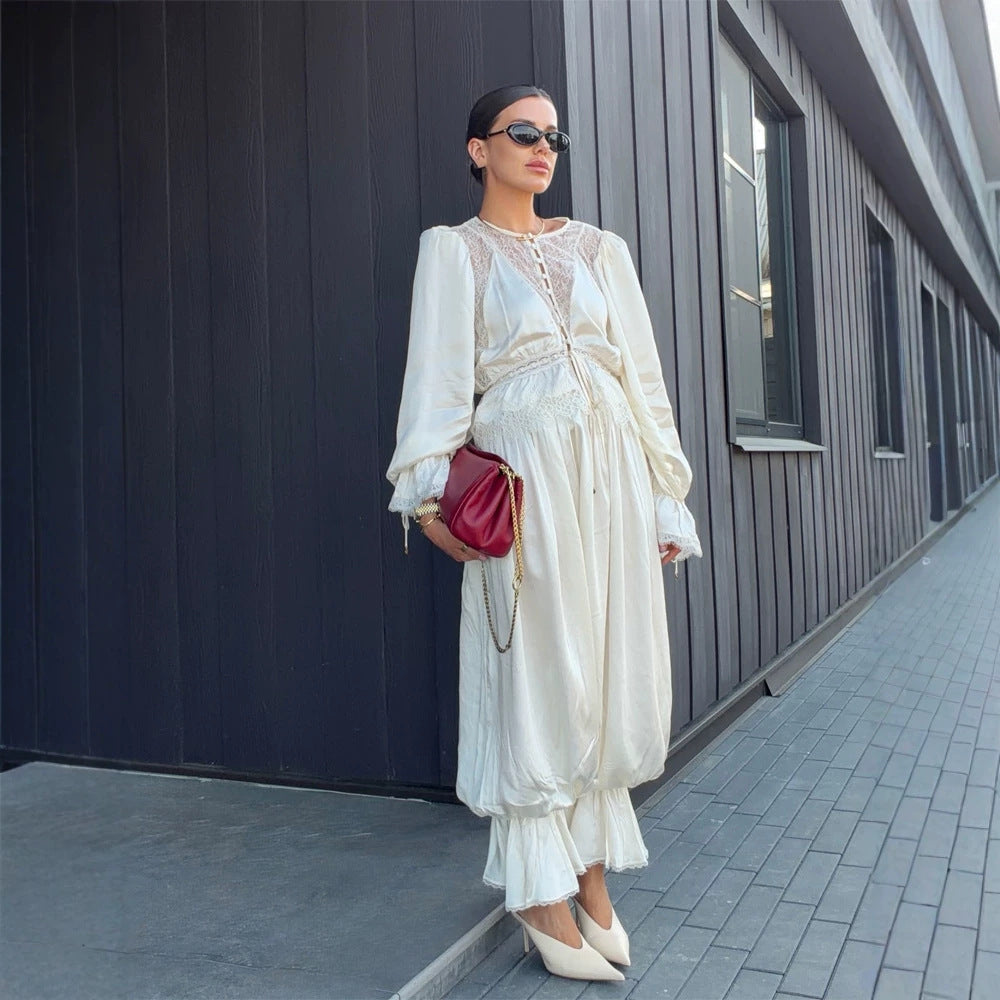 Women's One-Piece Satin Jumpsuit with Lace Yoke, Puff Sleeves and Voluminous Harem Pants Mune Fashion