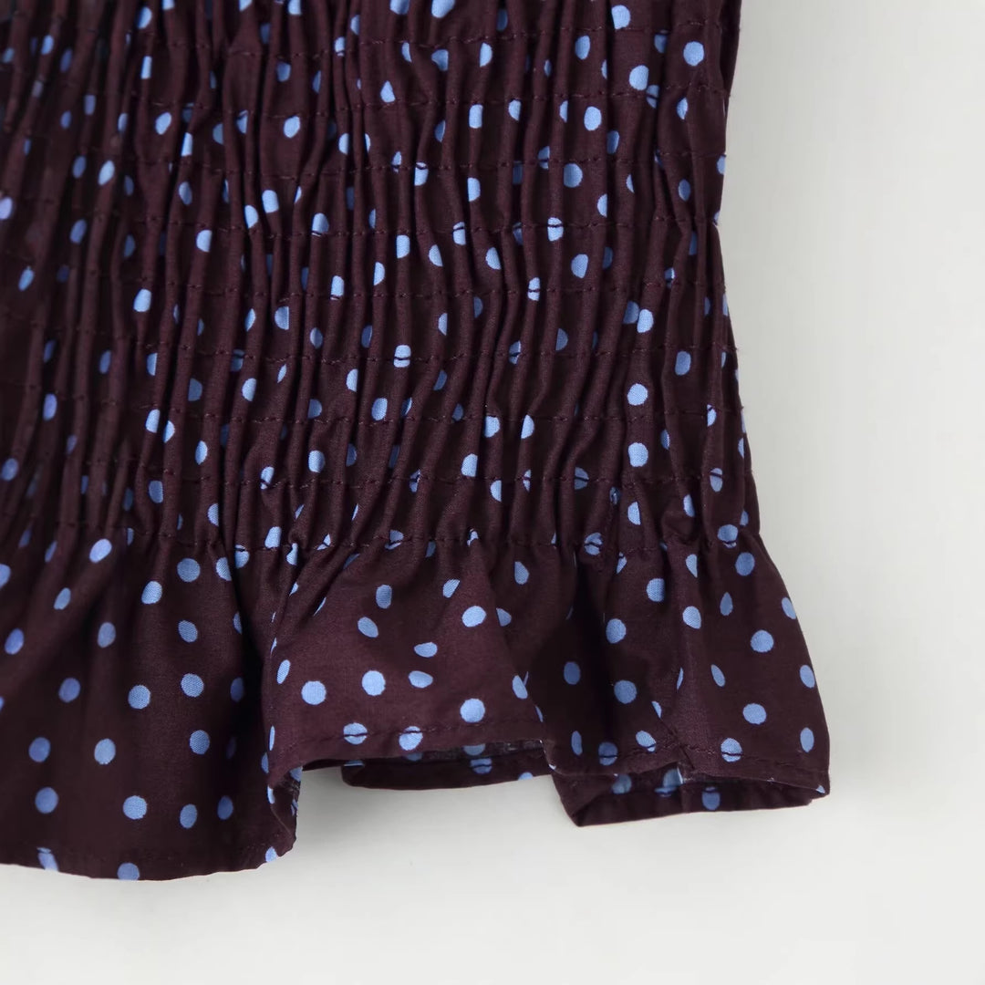 Women Smocked Polka Dot Blouse Shirt with Balloon Sleeves Mune Fashion