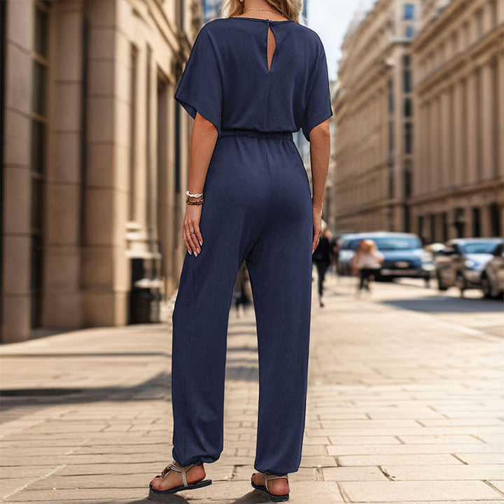 Women's Casual Jumpsuit with Waist Smocking, Short Batwing Sleeves and Elastic Ankle Cuffs Mune Fashion