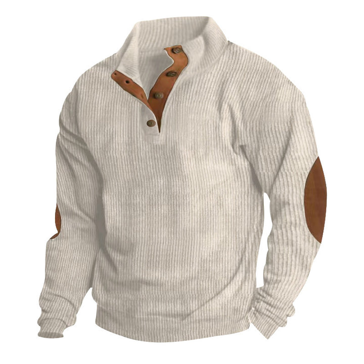 Men's Ribbed Henley Sweater with Stand Collar, Button Placket & Leather Elbow Patches Mune Fashion