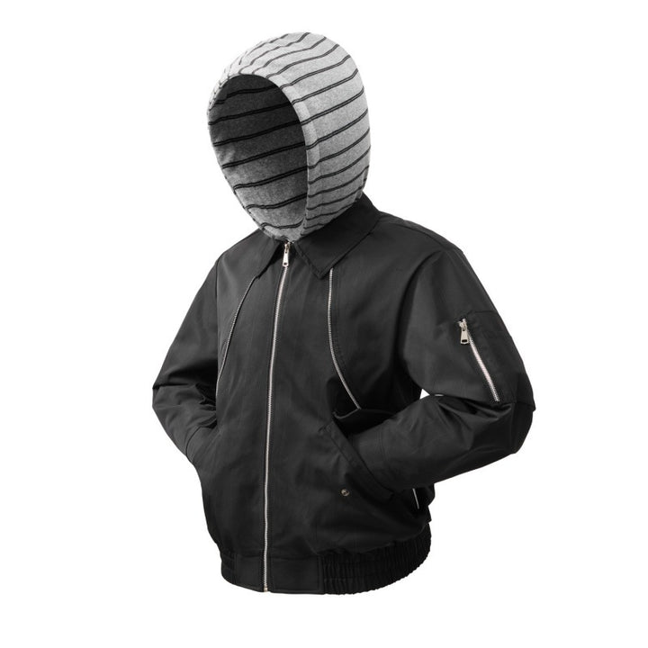 Men's lightweight bomber jacket with striped hooded inner jacket, elastic hem, and utility arm pocket Mune Fashion