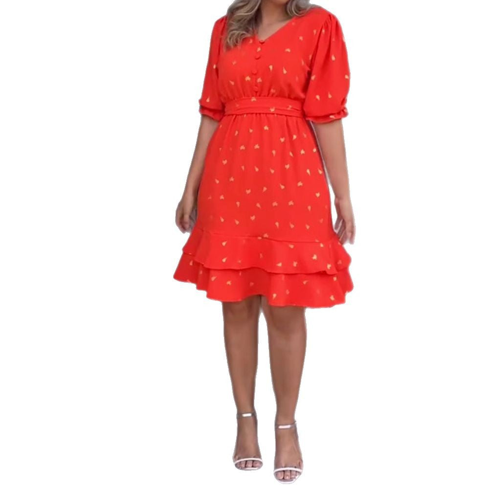 Women's knee-length ruffle dress with waist belt, V-neckline and gathered puff sleeves Mune Fashion
