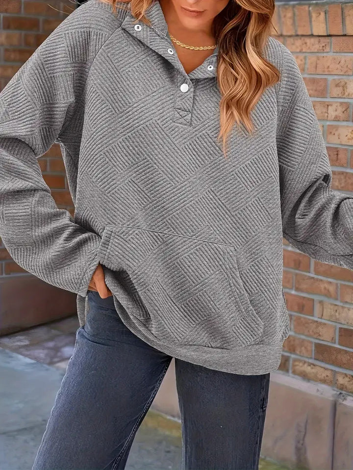 Women's Textured Oversized Hoodie with Henley Placket and Kangaroo Pocket Mune Fashion