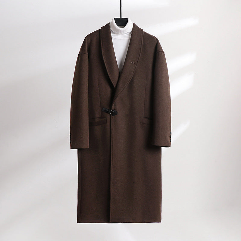 Men's Floor-Length Wool Blend Coat with Wide Shawl Collar and Decorative Toggle Closure Mune Fashion