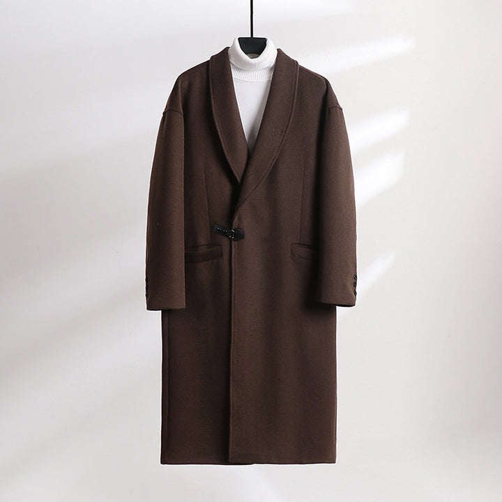 Men's Floor-Length Wool Blend Coat with Wide Shawl Collar and Decorative Toggle Closure Mune Fashion