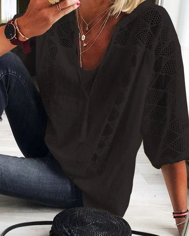 Women's airy blouse with deep neckline, lace inserts and balloon sleeves Mune Fashion