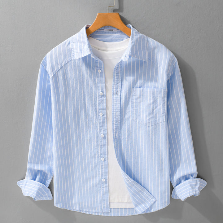 Men's pinstripe layering shirt jacket made of lightweight cotton blend with chest pocket Mune Fashion