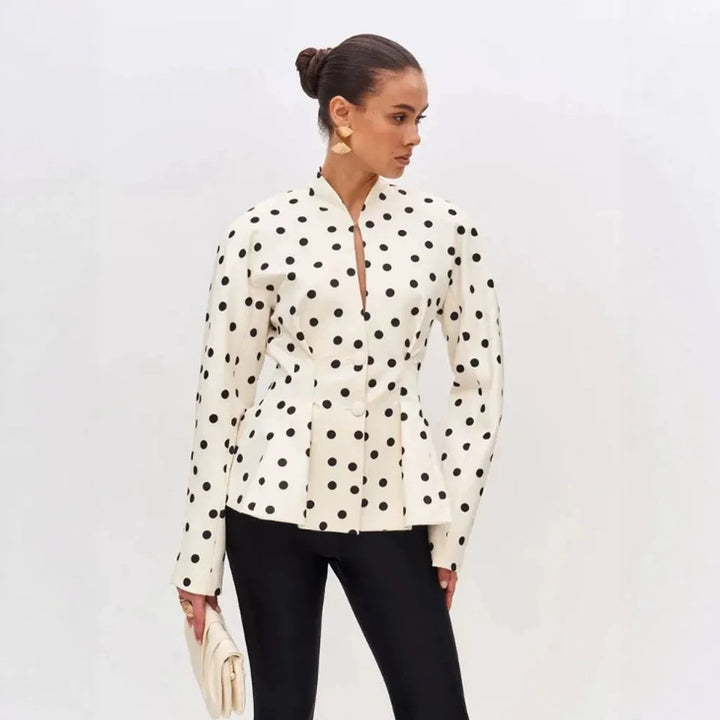 Women's Polka Dot Fitted Peplum Blouse with Stand-up Collar and Concealed Button Placket Mune Fashion