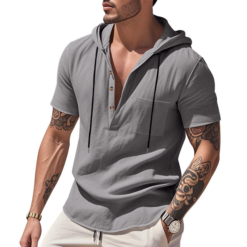 Men's lightweight short-sleeve hooded Henley made of single jersey with chest pocket and contrast drawstring Mune Fashion
