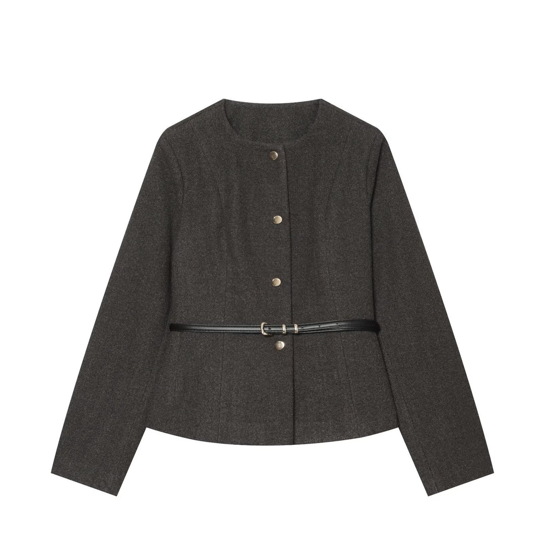 Women's short jacket made of wool blend with round neck, snap button closure and narrow waist belt Mune Fashion