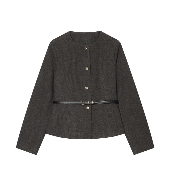 Women's short jacket made of wool blend with round neck, snap button closure and narrow waist belt Mune Fashion