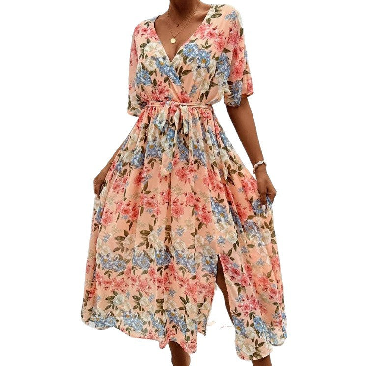 Women's floral V-neck tie dress with fitted belt and side leg slit Mune Fashion