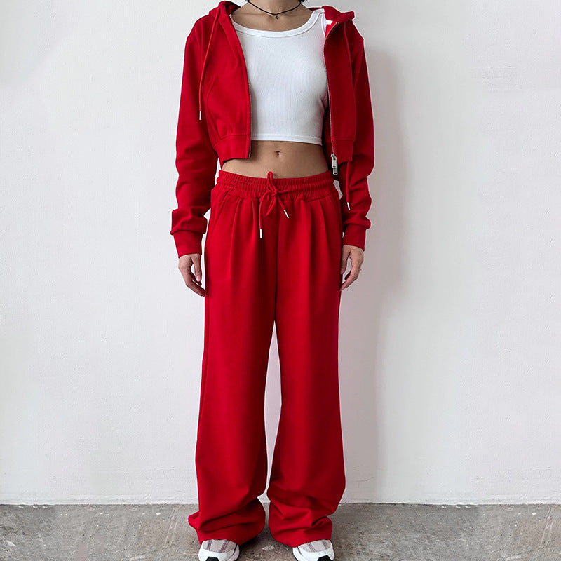Women's Short Zip Hoodie Set with High-Waisted Wide Lounge Pants Mune Fashion