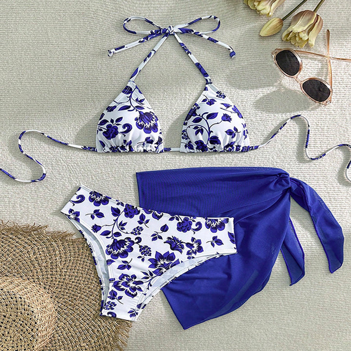 Ladies triangle bikini with floral pattern and transparent wrap skirt Mune Fashion