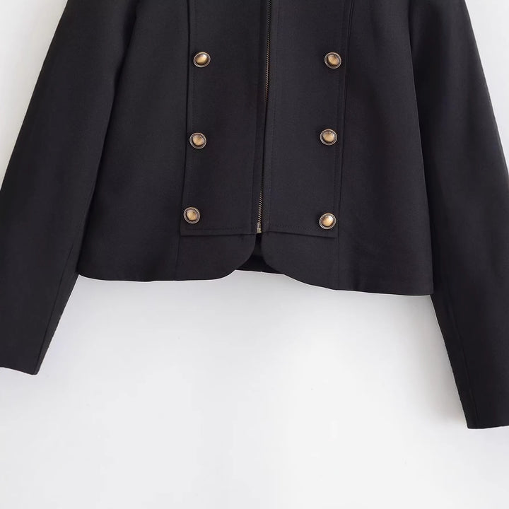 Ladies fitted short jacket in military style with decorative double-button placket, zipper, and shoulder epaulettes Mune Fashion